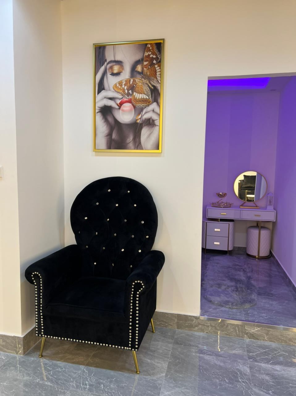 Velvet chair and lash room at KRG